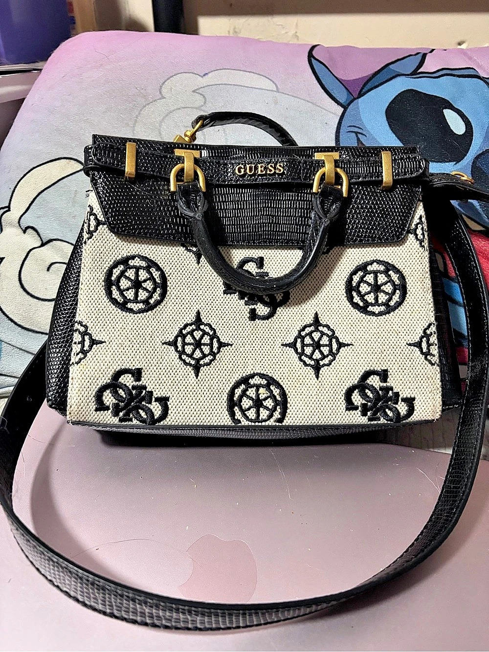 GUESS Geometric Satchel in Black & White Mini
